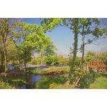 RIVER SCAPE WITH BRIDGE Bluebells A colour print 40cm x 58cm