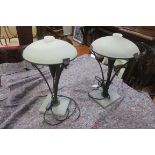 A PAIR OF METAL AND OPAQUE GLASS TABLE LAMPS,