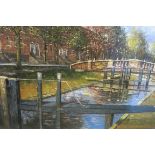 PETE HOGAN Canal Scene with figures crossing a bridge Oil on Canvas Signed Lower Right 60cm (h) x