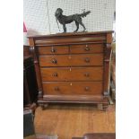 A VICTORIAN MAHOGANY CHEST of rectangular outline the shaped top above one long two short and three