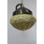 A SET OF THREE BRASS AND OPALINE GLASS CENTRAL LIGHTS each of domed tapering form moulded high