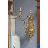 A 19th CENTURY CAST BRASS THREE BRANCH WALL LIGHT,