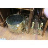 A 19th CENTURY EMBOSSED BRASS JARDINIERE, with lion mask ring handles,