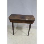 A 19TH CENTURY MAHOGANY SATINWOOD INLAID FOLD OVER SUPPER TABLE the rectangular hinged top with