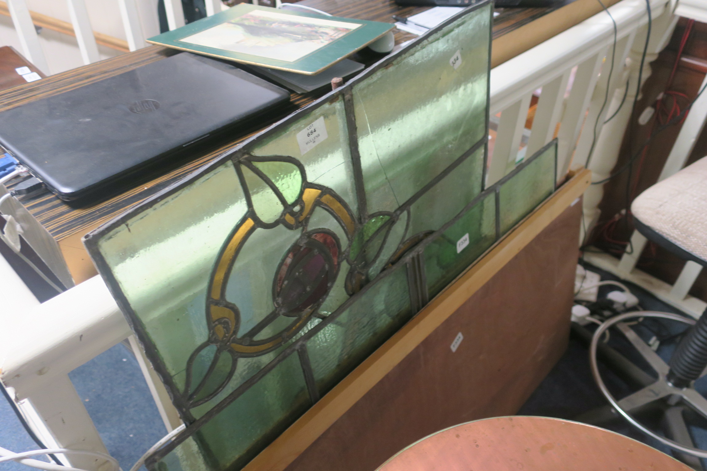 TWO LEAD GLASS AND COLOURED GLASS PANELS each 77cm x 103cm (AF)