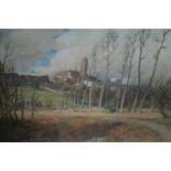 Rodriguez Robin Wooded landscape with church in foreground a colour print signed and dated lower