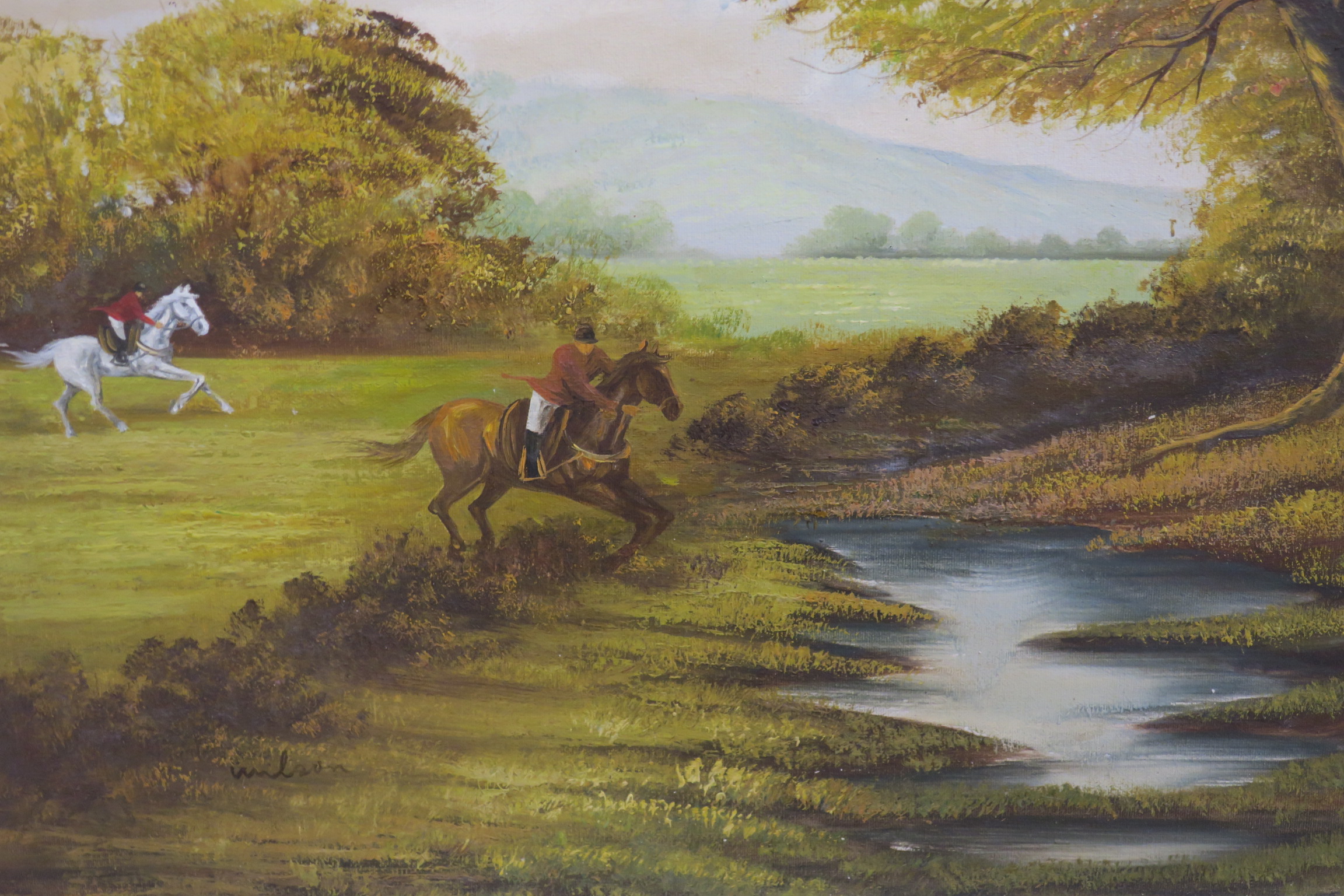 WILSON Hunting Scene Oil on canvas Signed lower left 42cm (h) x 49cm (w)