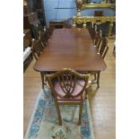 A VERY FINE MAHOGANY ELEVEN PIECE DINING ROOM SUITE, comprising ten Hepplewhite style dining chairs,