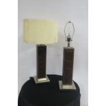 A PAIR OF CHROME AND HIDE UPHOLSTERED TABLE LAMPS each of rectangular form with pleated shade 74cm