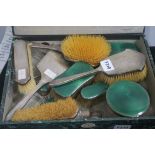 A FIVE PIECE SILVER ENGINE TURNED DRESSING TABLE SET together with a ten piece silver and enamel