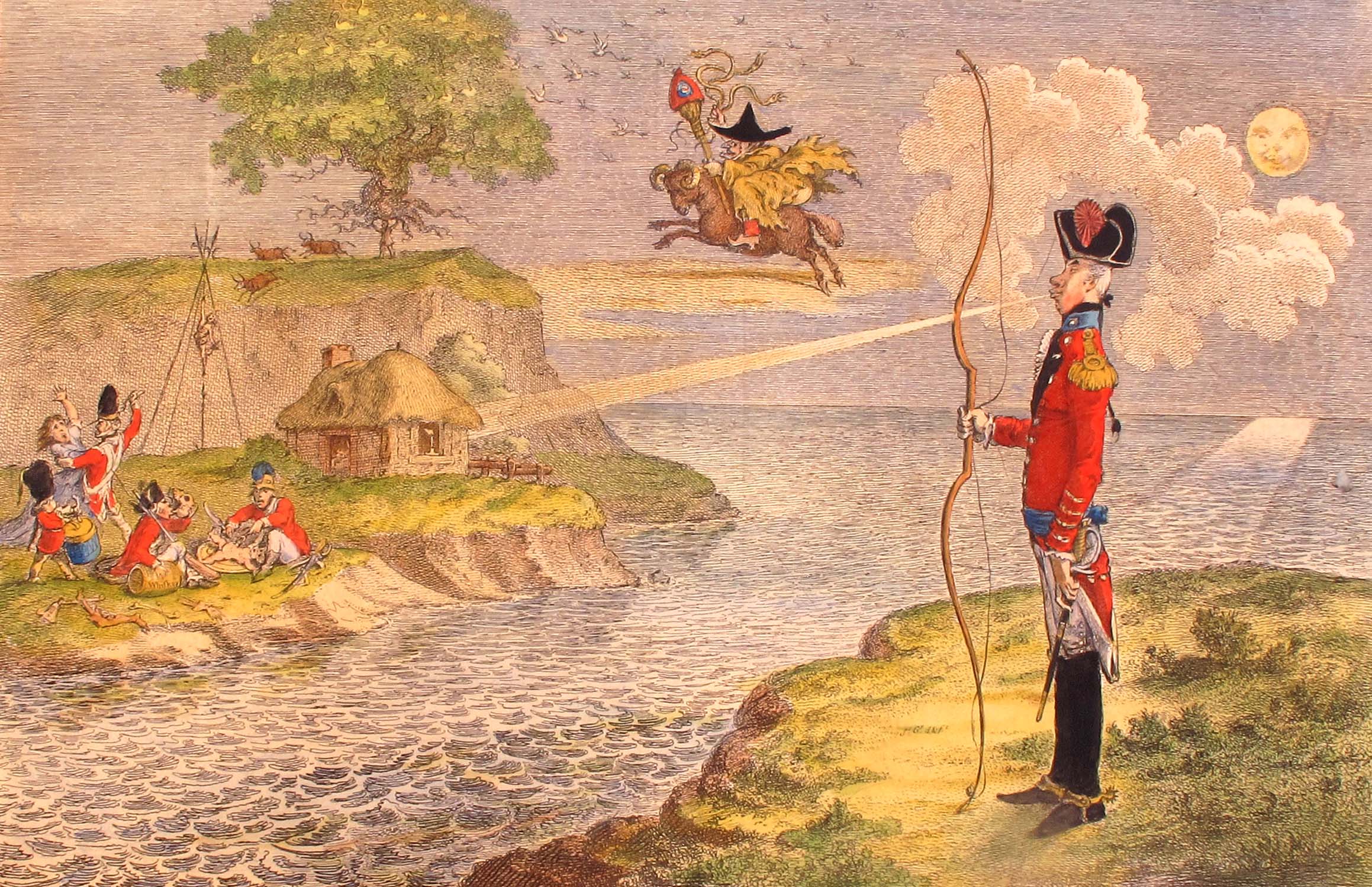 1798 Lord Longbow, the Alarmist, discovering the Miseries of Ireland, cartoon by Gillray.