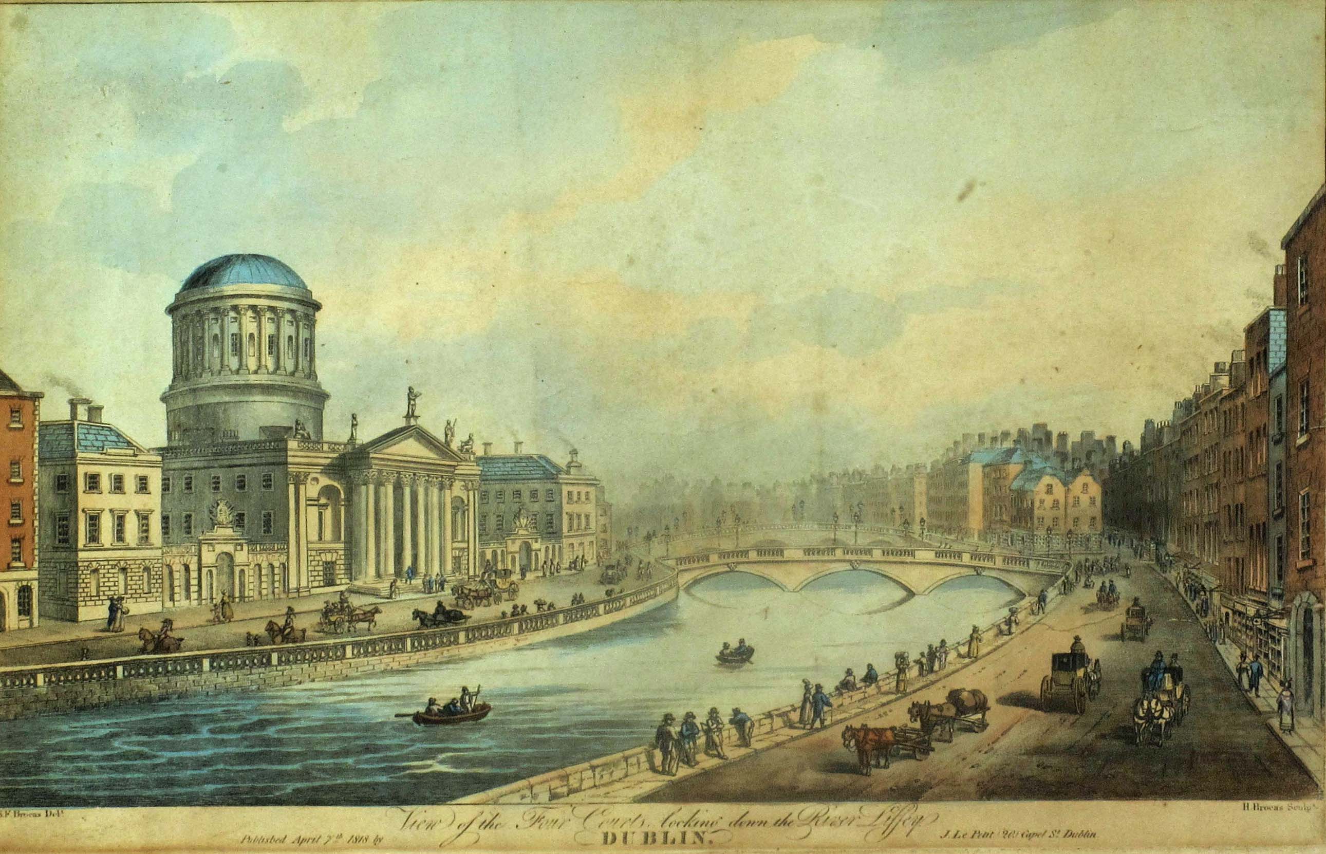 1818 View of the Four Courts looking down the River Liffey, by Samuel Brocas,