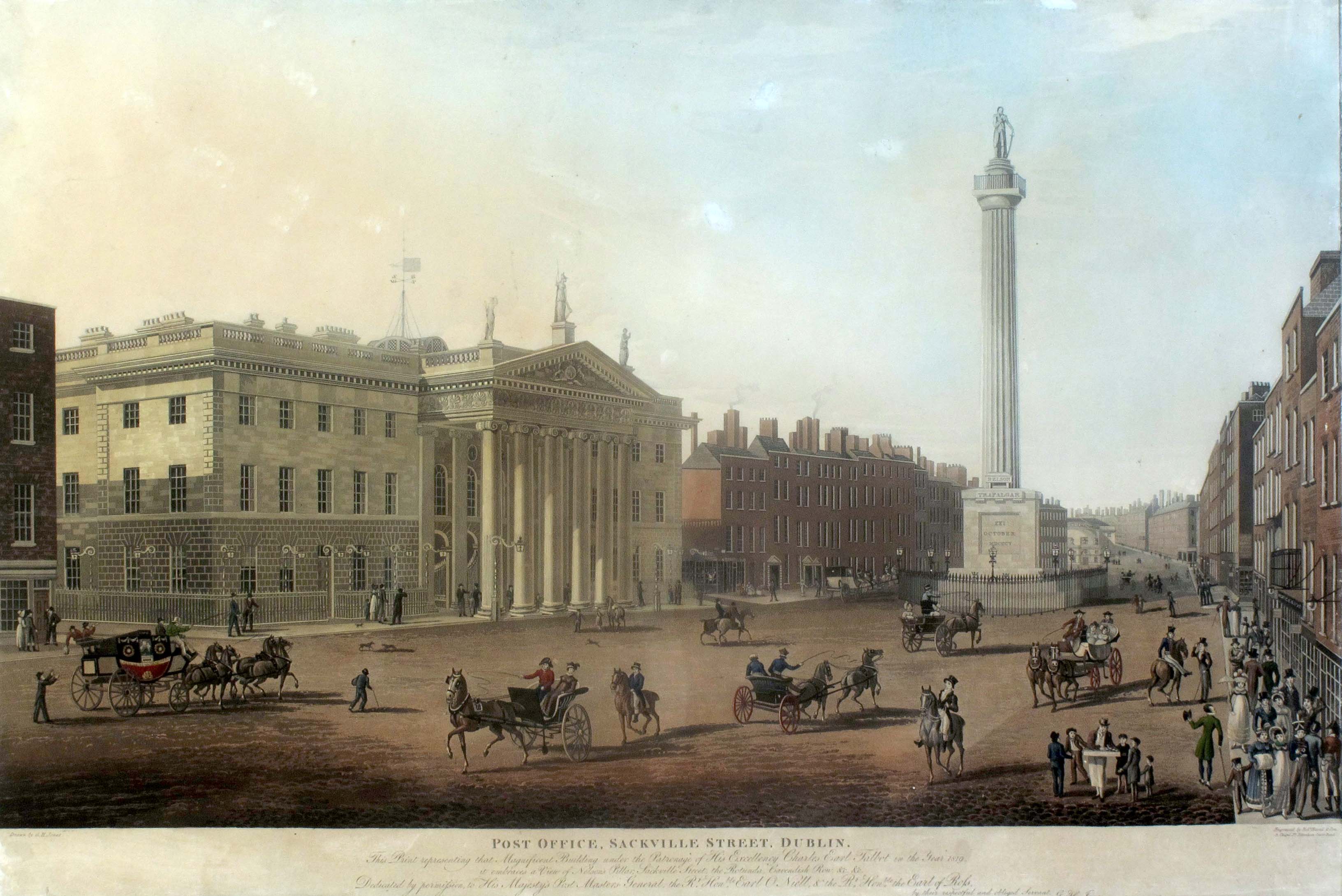 1825 The General Post Office, Dublin, an aquatint by Robert Havell after G.H. Jones.