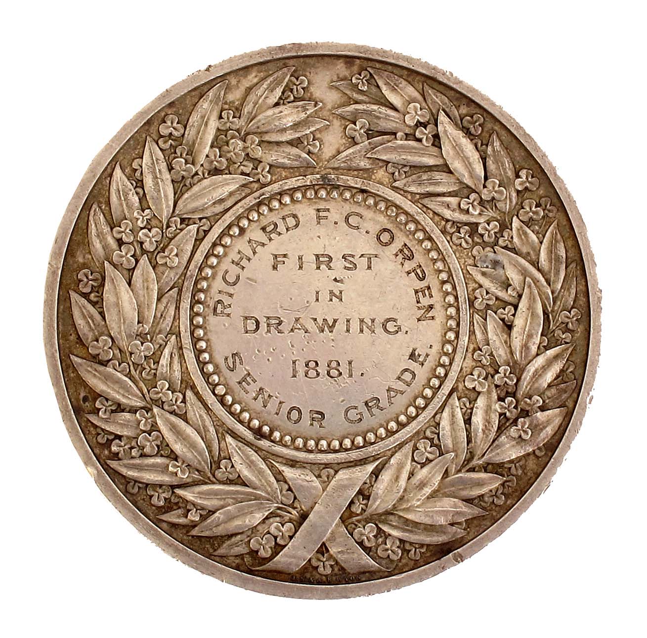 1881 Board of Intermediate Education Ireland silver award medal to Richard Orpen for "First in