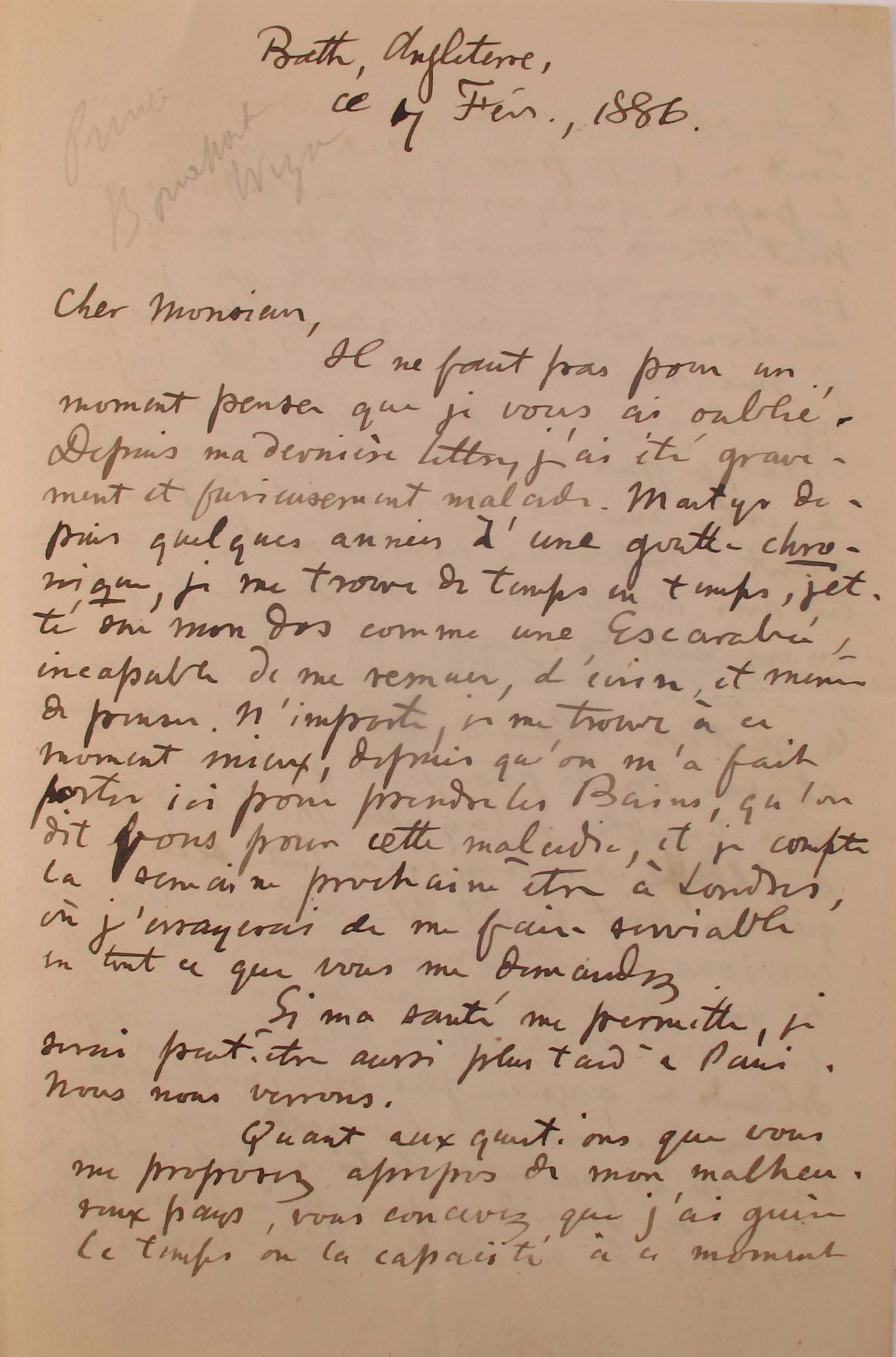 1886 Letter from William Bonaparte Wyse, a two-page, signed, autograph letter in French, - Image 2 of 2