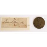 Daniel O'Connell autograph signature and a bronze medal, the obverse a portrait bust of O'Connell,