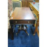 A GEORGIAN MAHOGANY DROP LEAF TABLE the rectangular hinged top with frieze drawer with opposing