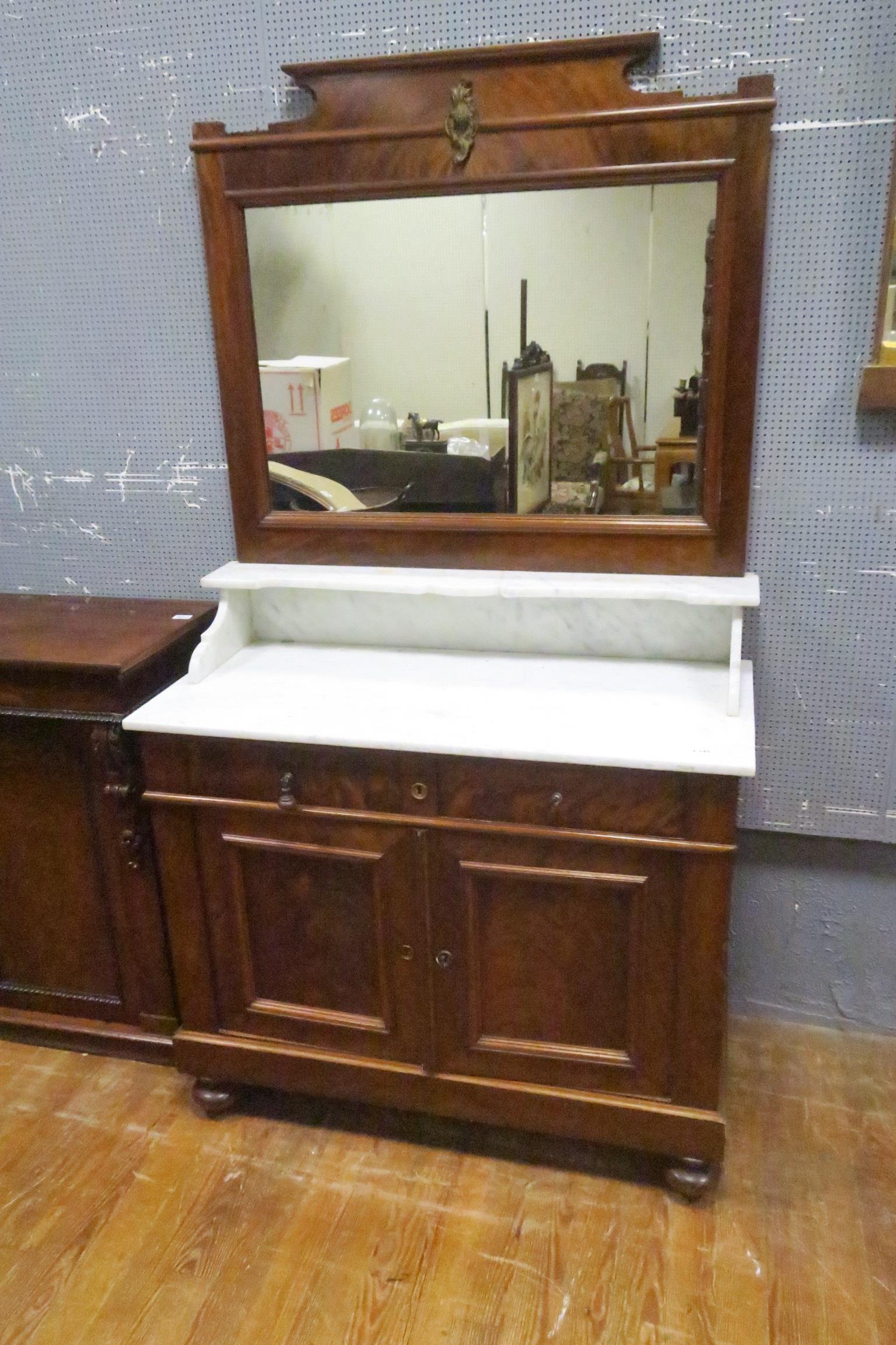 A 19TH CENTURY BIEDERMEIR MAHOGANY AND MARBLE SIDE CABINET the super structure with bevelled glass