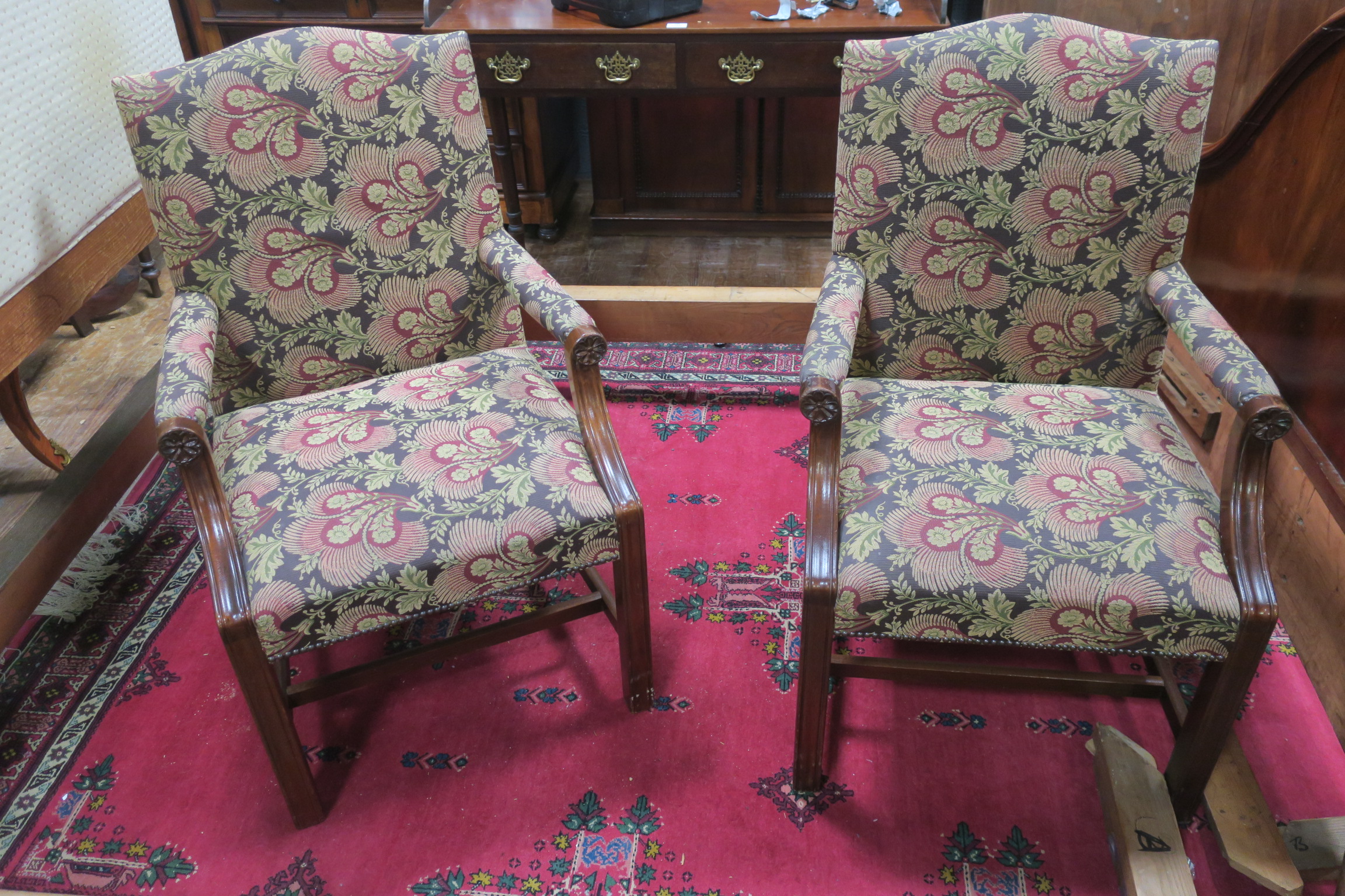 A PAIR OF GAINSBOROUGH DESIGN MAHOGANY UPHOLSTERED SIDE CHAIRS each with rectangular upholstered