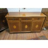 A SHERATON DESIGN MAHOGANY AND SATINWOOD CROSS BANDED SIDE CABINET of rectangular outline with
