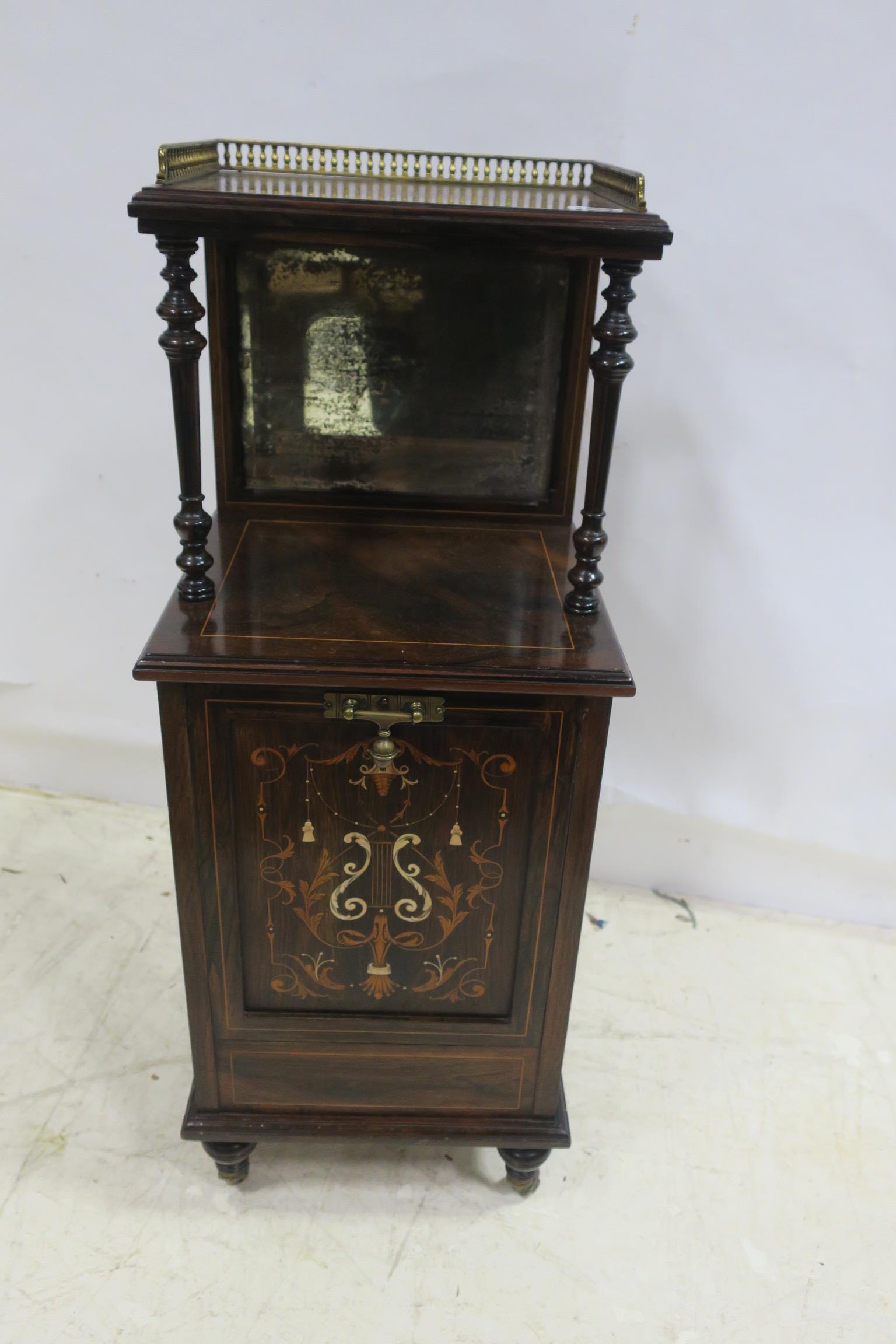 A 19TH CENTURY ROSEWOOD AND MARQUETRY FUEL BIN the super structure with pierced brass gallery above