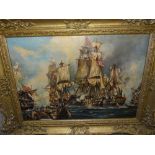 C M Powell, Naval battle, Oil on boards, Signed, 14 x 20 ins.