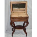 19thC French rosewood marquetry dressing table with sarcophagus shaped top lift-up lid revealing