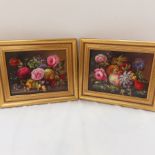 Pair of still life fruit and flowers, oils on porcelain, in gilded frames. Possibly Derby, 10.75 x