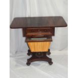 WIV rosewood sewing table with drop leaves, four drawers (two false) wool slide, carved pedestal