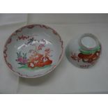 Lowestoft c 1770. Blackbird in a flowering tree pattern tea bowl and saucer in polychrome. Hand