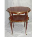 French oval kingwood parquetry ormolu mounted two tier serving tray table with slender, tapering