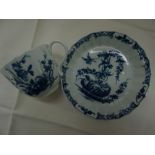 Worcester c 1765, first or Dr. Wall period. Blue rock pattern fluted cup and saucer decorated in