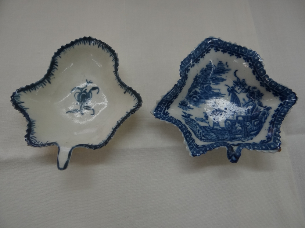 Two 18thC soft paste porcelain blue and white pickle dishes , probably Caughley, rosebud pattern and