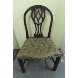 Set of four GIII Hepplewhite dining chairs with pierced splat backs, flock over upholstered seats on