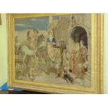 Victorian tapestry of a 17thC noble family, horses and hounds, in gilded frame under glass. 38.5 x