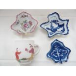 Four 18thC soft paste porcelain items, probably Bow, circa 1760s, three pickle dishes and a coffee