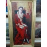 P Musin, Girl in a red dress, Oil on board, Signed, 36 x 16 ins.