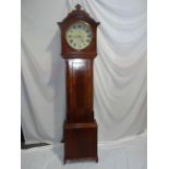 19thC mahogany eight day long case clock with arched top, circular painted 13 inch dial with two