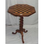 Victorian octagonal rosewood chess table with barley twist column on tripod base