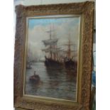 William Edward Webb, Busy harbour, Oil on canvas, Signed, 24 x 16 ins.