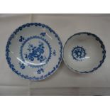 Caughley c 1780. Fruit pattern tea bowl and saucer in underglaze blue with various fruits. S+