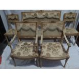 Five piece French carved gilt wood and painted bergere parlour suite comprising a two seater settee,