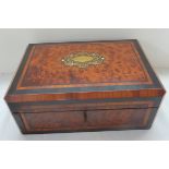 19thC French. Good quality lady's amboyna sewing / toilet box with brass cartouche to top, ebony