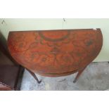 Antique satinwood demilune shaped card table with painted decoration on square tapering legs and