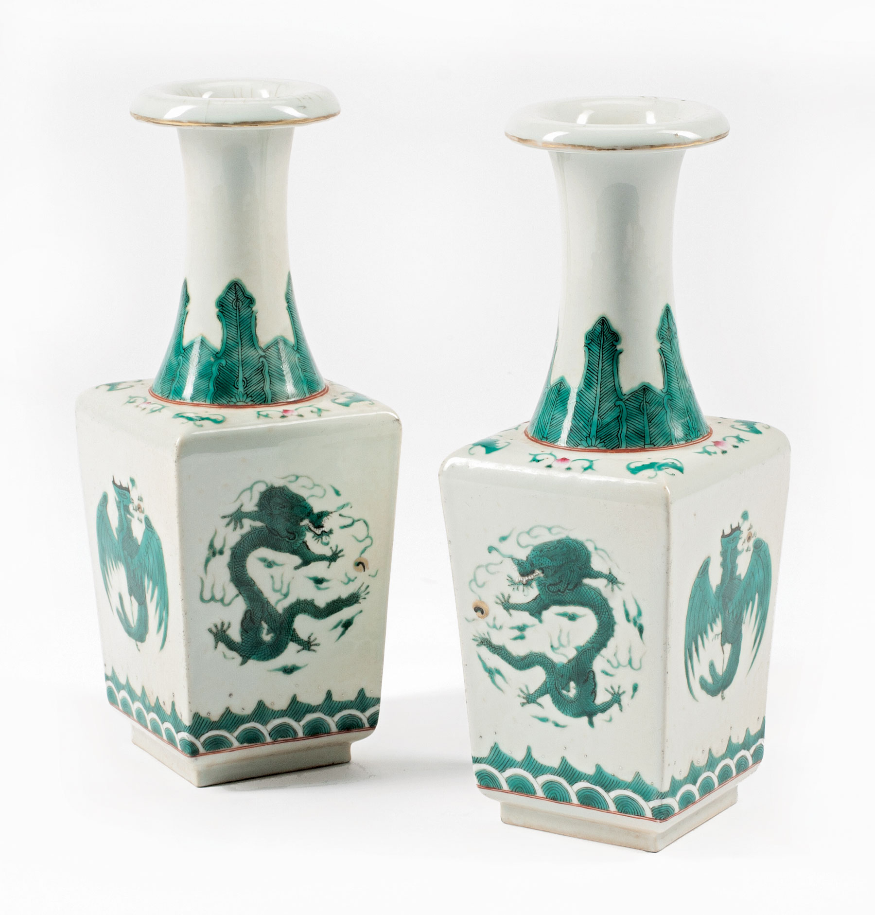 Pair of Chinese Famille Verte Porcelain Square Bottle Vases, decorated with dragon and phoenix