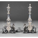 Pair of Neoclassical-Style Wrought Iron and Argente Andirons , h. 25 1/2 in