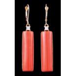 Pair of 14 kt. Yellow Gold, Coral and Diamond Earrings , l. 3 1/2 in