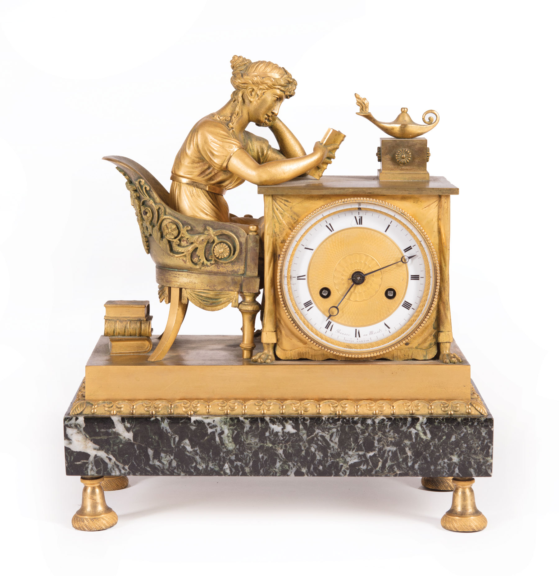 Empire Gilt Bronze and Verde Antico Marble "La Liseuse" Mantel Clock , c. 1815, engine-turned dial