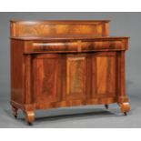 American Late Classical Mahogany Sideboard , c. 1840, paneled backsplash, bolection molded frieze