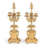 Pair of French Gilt Bronze Five-Light Candelabra , 19th c., in the Renaissance taste, removable